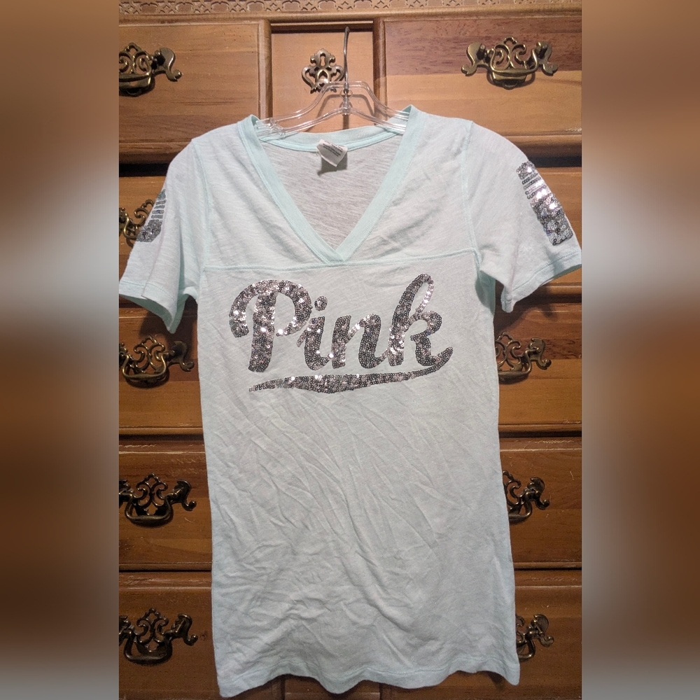 PINK Victoria's Secret Mint Sequin Logo V-Neck Tee